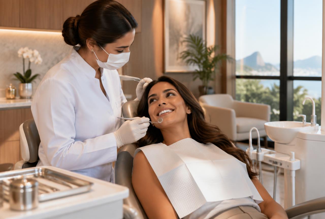 Paciente sorrindo sendo atendida por dentista em consultório moderno